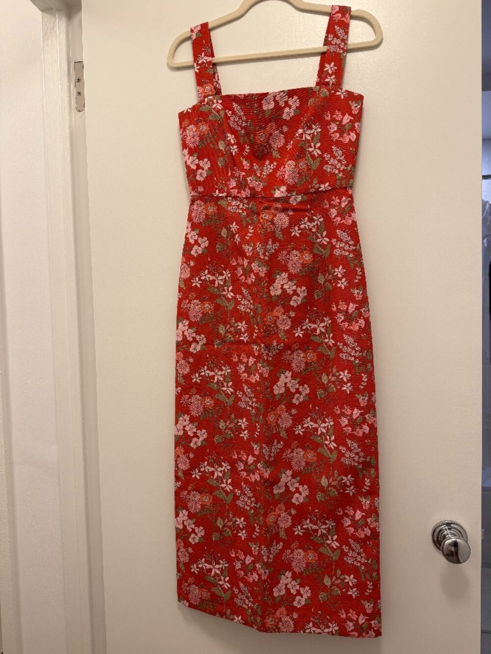 Coco Shop, Long Slip Dress, Size XS, Red with Pink Floral